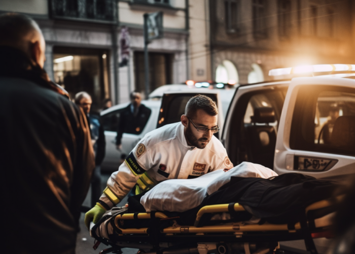 A person injured in an accident is being taken inside an ambulance; police vehicles and first respondents can be seen in the background
