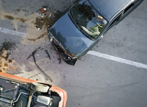Elevated view of broken cars after accident scaled