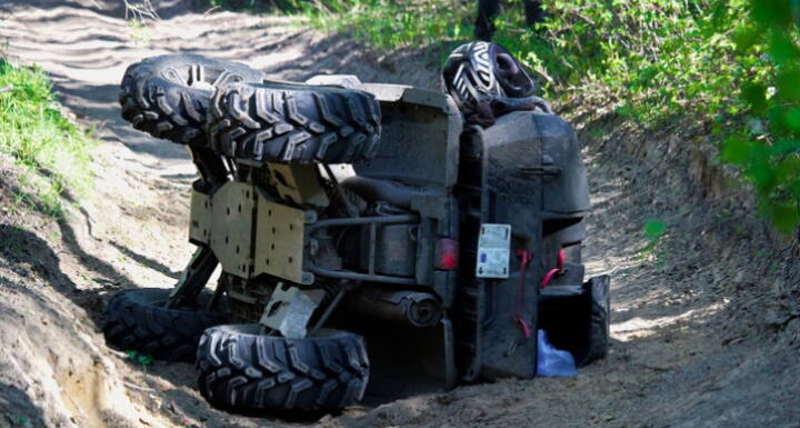 A quad on its side after it has been accidentally flipped 