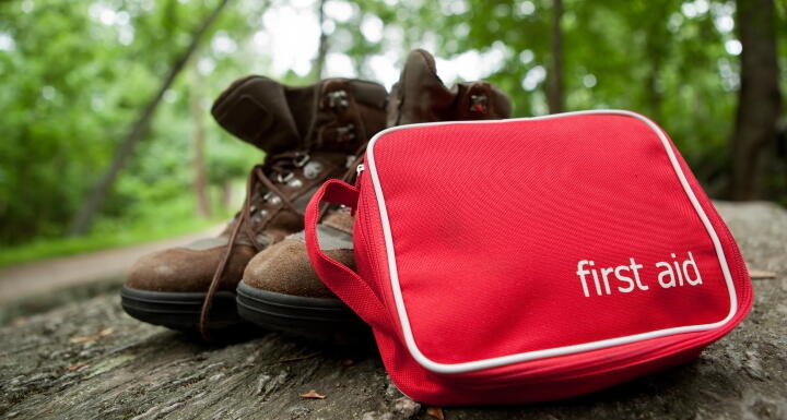 First aid kit on fallen tree trunk