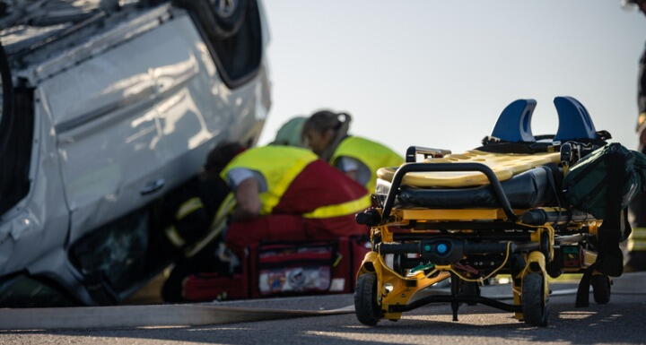 Paramedics and Firefighters Arrive On the Car Crash Traffic